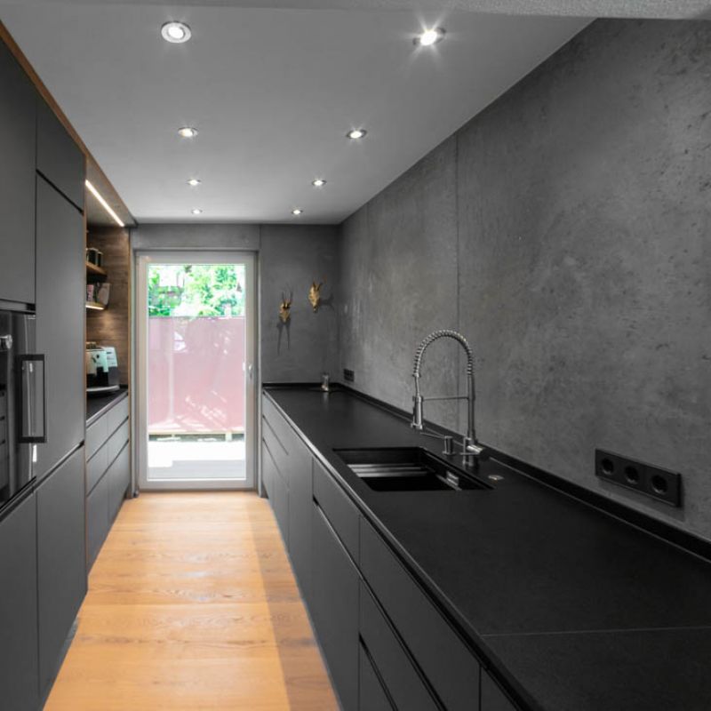 Küche Linoleum grau Altholz